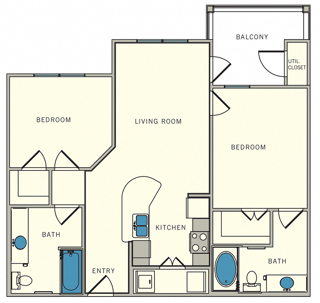 Floor plan for 2 beds, 2 baths, 901 sqft